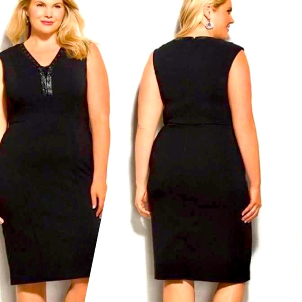 Sheath dress, Ashley Graham, faux leather lacing trim, knee length